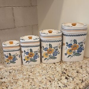 Floral Ceramic Canister Set - Cream and Blue Daewear New Jersey